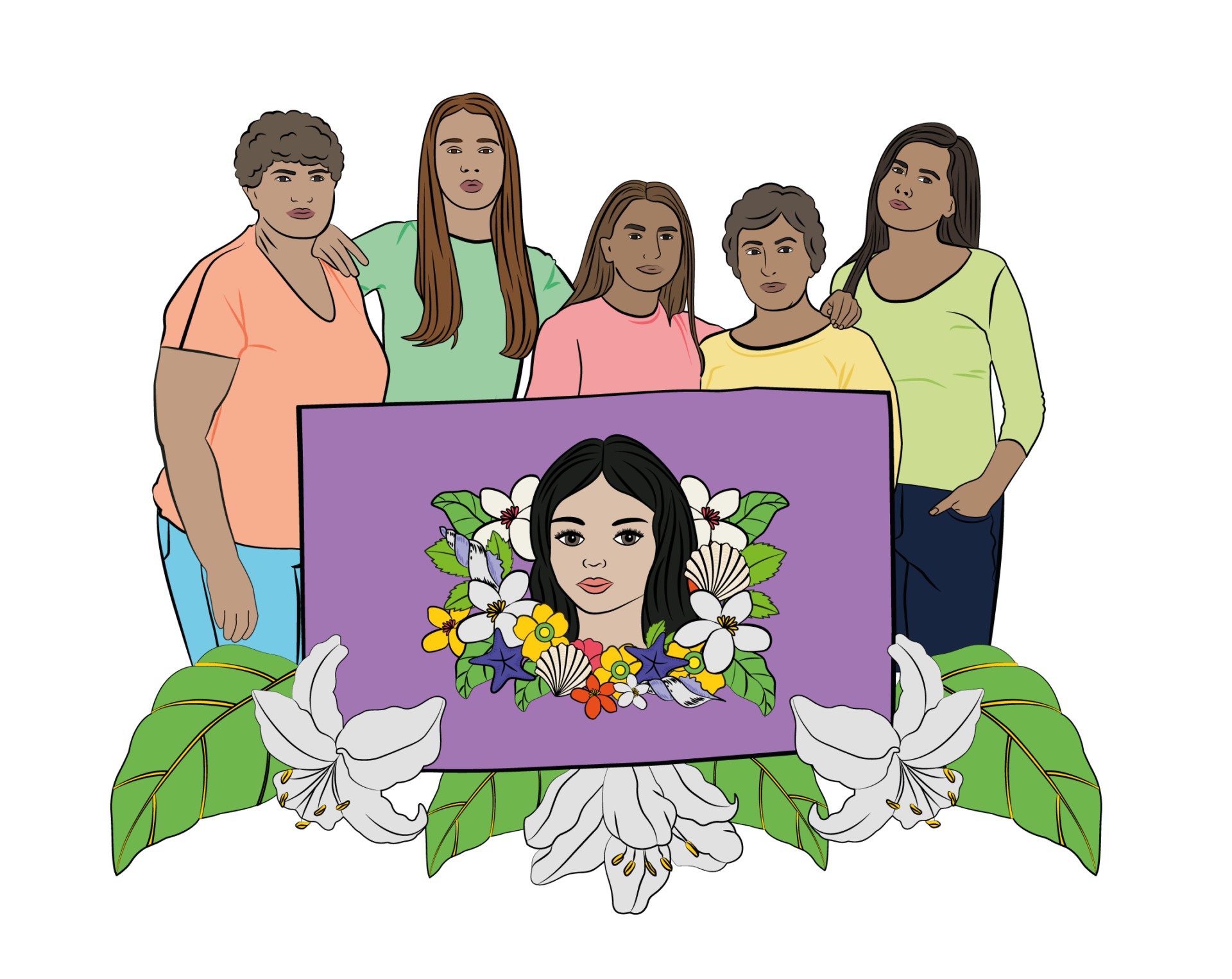 Illustration av kvinnor som står enade framför en bild av Beatriz.