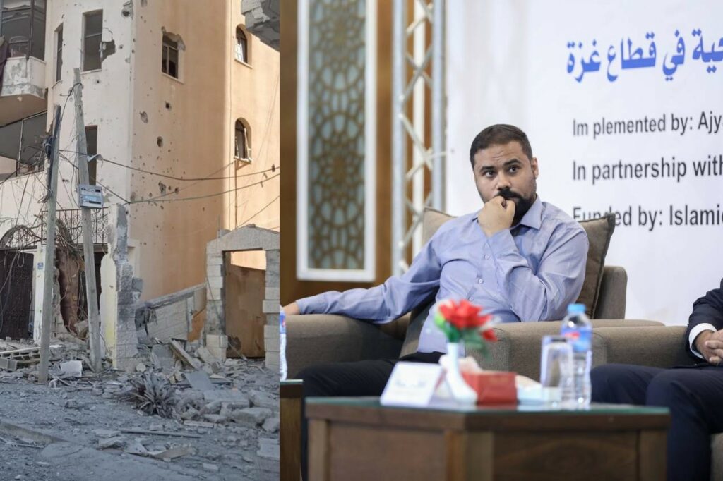 Bild på bombat hus och på man som sitter i soffa.