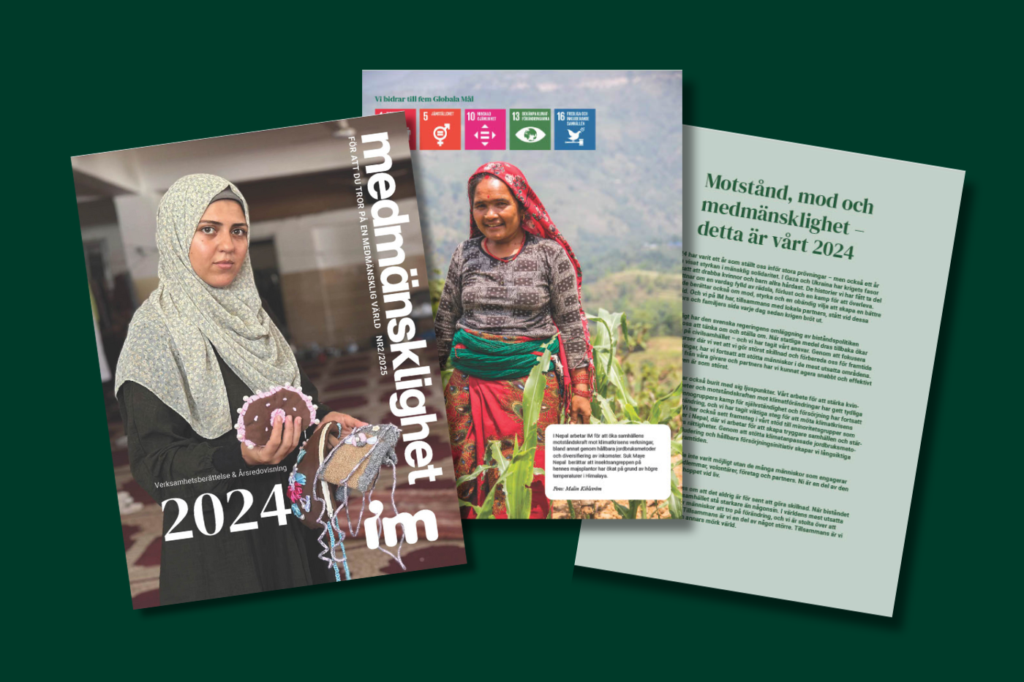 Tre sidor ur IM:s årsrapport 2024 med bilder på kvinnor och text om medmänsklighet.